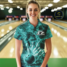 Load image into Gallery viewer, Female model in a bowling center wearing a polo with turquoise blue bowling ball artwork and blazing flames.