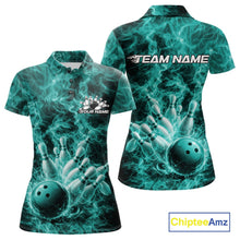 Load image into Gallery viewer, Front and back womens bowling polo featuring a turquoise blue bowling ball crashing through pins with flame graphics.