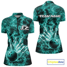 Load image into Gallery viewer, Front and back views of a womens bowling quarter-zip featuring a turquoise blue bowling ball crashing into pins with a flame background.