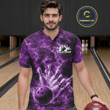 Load image into Gallery viewer, Male model wearing a bowling polo at the bowling lane with purple bowling ball artwork and blazing flames.