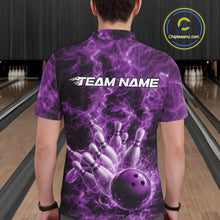 Load image into Gallery viewer, Back view of a mens bowling polo displaying a purple bowling strike scene with fiery background details.