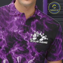 Load image into Gallery viewer, Close-up left chest detail of a bowling polo featuring a purple bowling ball hitting pins with flames.
