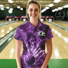 Load image into Gallery viewer, Female model wearing a bowling polo at the bowling alley with purple bowling ball graphics and fiery details.