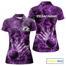 Load image into Gallery viewer, Front and back womens bowling polo featuring a purple bowling ball crashing through bowling pins with flame artwork.