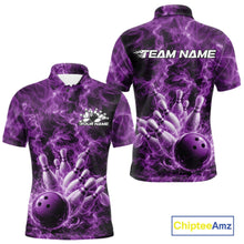 Load image into Gallery viewer, Front and back mens bowling polo featuring a purple bowling ball crashing through pins with intense flame graphics.