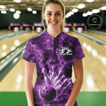 Load image into Gallery viewer, Female model at a bowling alley wearing a quarter-zip with a purple bowling ball, bowling pins, and fiery graphics.