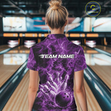 Load image into Gallery viewer, Back view of a womens bowling quarter-zip displaying a purple bowling strike scene with dramatic flames.