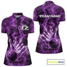 Load image into Gallery viewer, Front and back womens bowling quarter-zip mockup featuring a purple bowling ball crashing through bowling pins with flame effects.