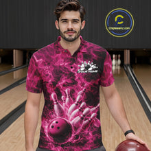 Load image into Gallery viewer, Male model wearing a bowling polo in a bowling alley with pink bowling ball strike artwork and fiery graphics.