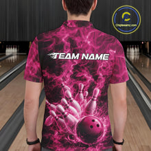 Load image into Gallery viewer, Back view of a mens bowling polo showcasing a pink bowling ball knocking down pins against flames.