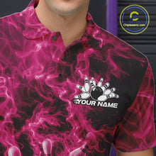 Load image into Gallery viewer, Left chest close-up of a bowling polo featuring a pink bowling ball crashing through pins with flame accents.