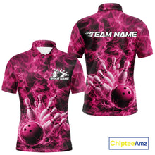 Load image into Gallery viewer, Front and back mens bowling polo featuring a pink bowling ball crashing through pins with a dramatic flame background.
