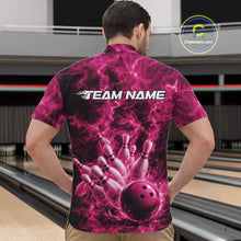 Load image into Gallery viewer, Front view of a mens bowling quarter-zip displaying a pink bowling ball, bowling pins, and blazing flame artwork.