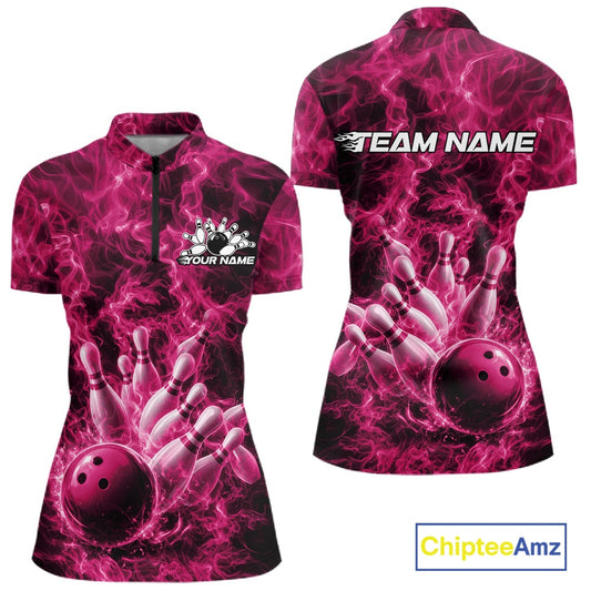 Front and back womens bowling quarter-zip featuring a pink bowling ball crashing through pins with a dramatic flame background.