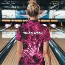 Load image into Gallery viewer, Back view of a womens bowling quarter-zip showcasing a pink bowling ball striking pins against a fiery background.