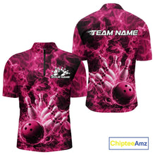 Load image into Gallery viewer, Front and back mens bowling quarter-zip featuring a pink bowling ball crashing through pins against a dramatic flame background.
