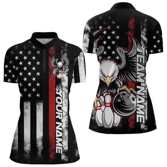 Custom Red Thin Line American Flag Eagle Bowling Women Quarter-Zip Shirt, Patriotic Bowling IPHW8736