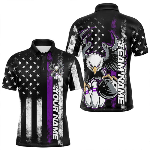 Custom Purple Thin Line American Flag Eagle Bowling Men Polo Shirts, Patriotic US Bowling Shirt IPHW8739
