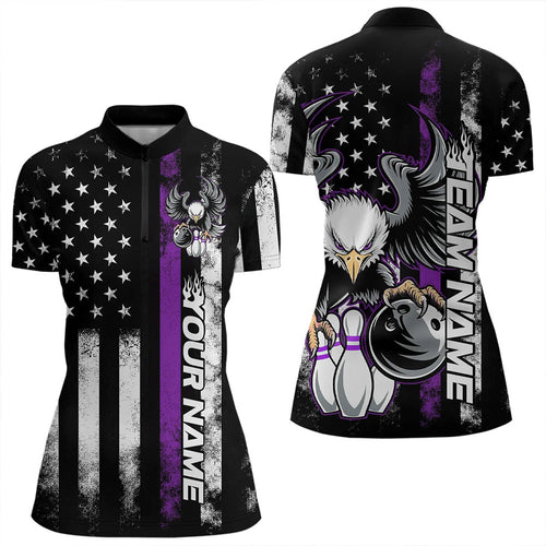 Custom Purple Line American Flag Eagle Bowling Women Quarter-Zip Shirt, Patriotic Bowling IPHW8739