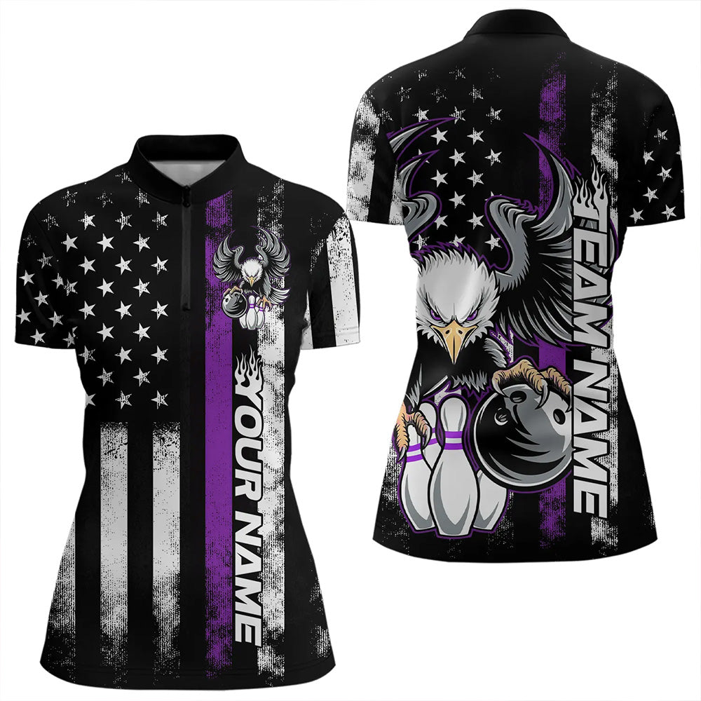 Custom Purple Line American Flag Eagle Bowling Women Quarter-Zip Shirt, Patriotic Bowling IPHW8739