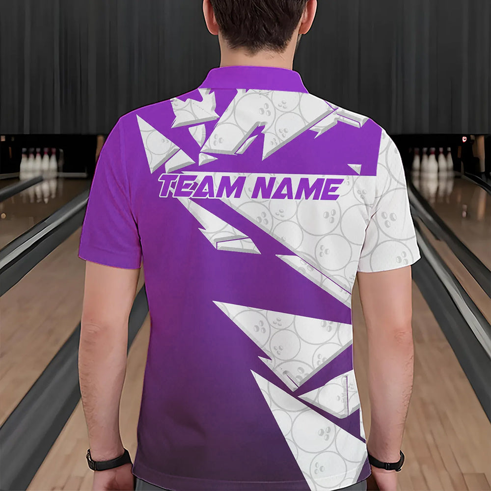 Custom White And Purple Bowling Team Polo Shirts For Men, Bowling Ball Pattern Bowlers Outfit IPHW8742