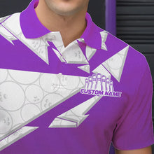 Load image into Gallery viewer, Custom White And Purple Bowling Team Polo Shirts For Men, Bowling Ball Pattern Bowlers Outfit IPHW8742