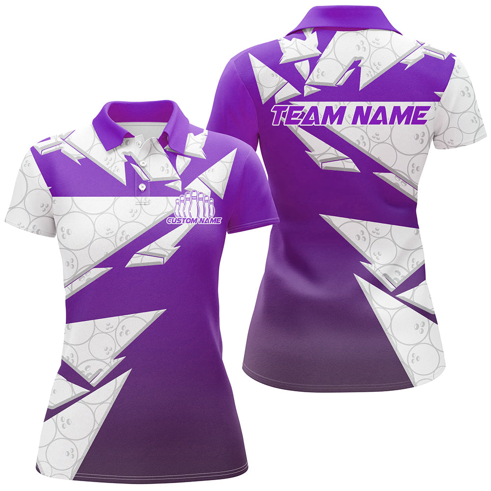 Custom White And Purple Bowling Team Womens Polo Shirt, Bowling Ball Pattern Bowlers Outfit IPHW8742