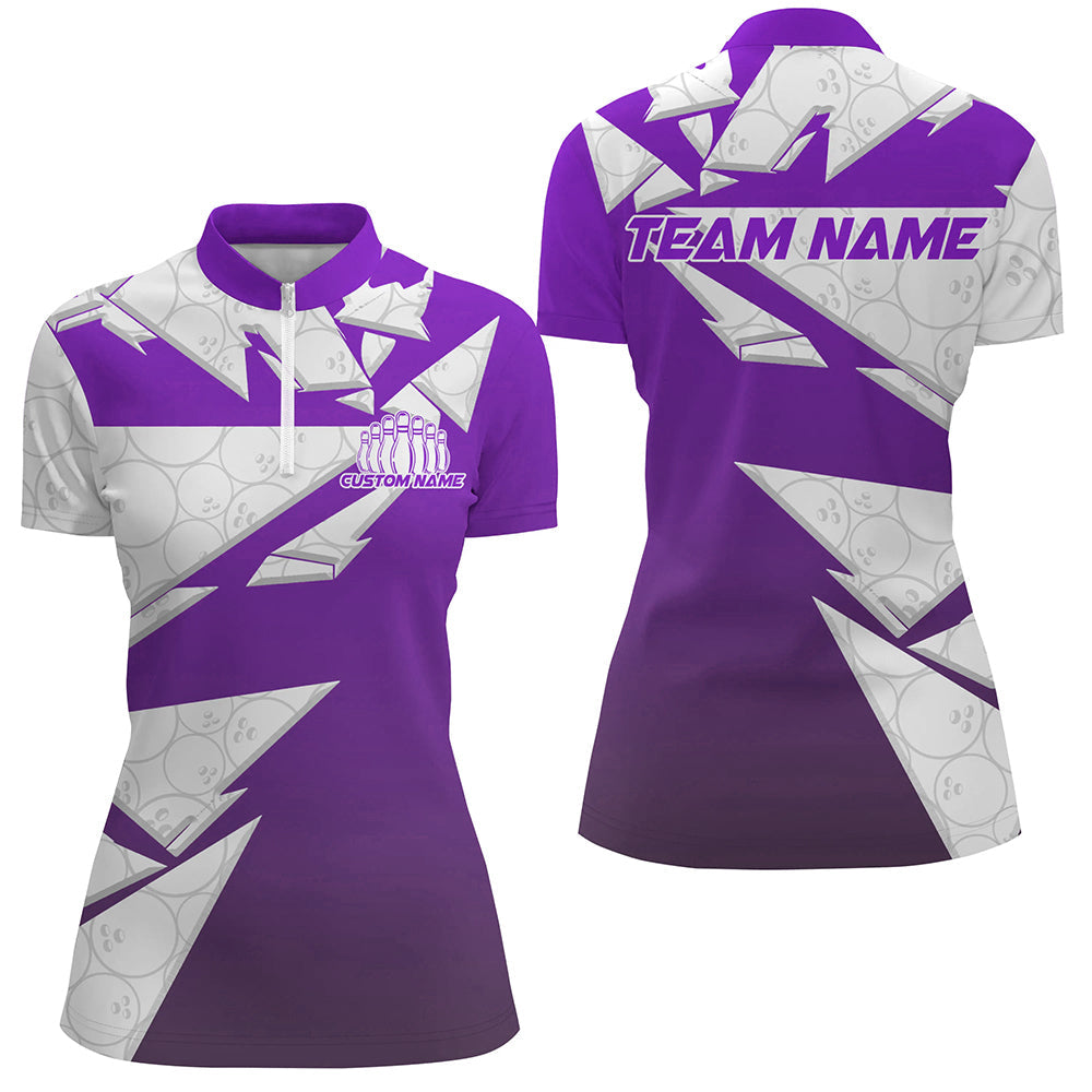 Custom White And Purple Bowling Team Women Quarter-Zip Shirt, Bowling Ball Pattern Outfit IPHW8742