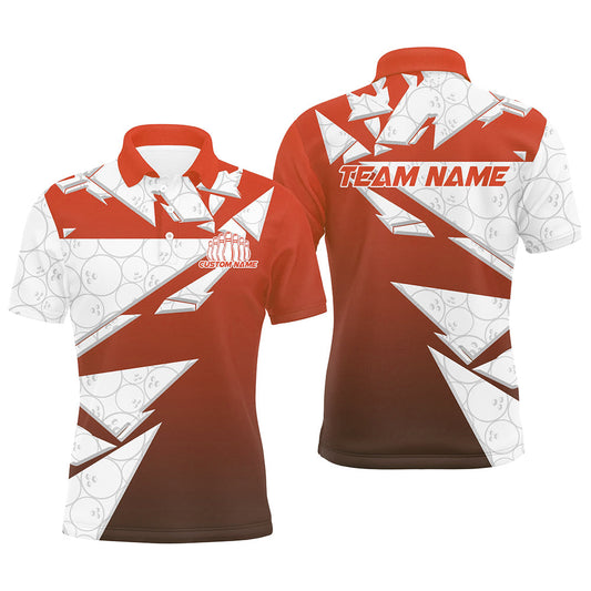 Custom White And Orange Bowling Team Polo Shirts For Men, Bowling Ball Pattern Bowlers Outfit IPHW8743