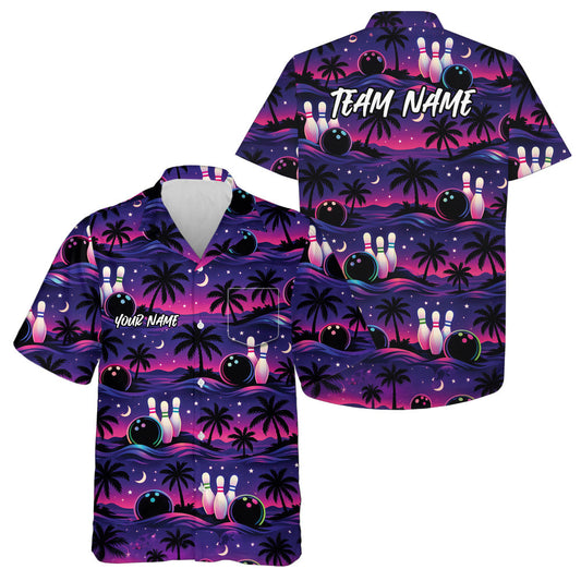 Custom Pink And Purple Tropical Palm Tree Hawaiian Bowling Shirts For Men And Women IPHW10832