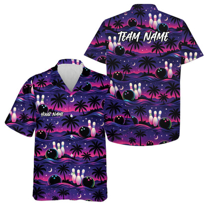 Custom Pink And Purple Tropical Palm Tree Hawaiian Bowling Shirts For Men And Women IPHW10832