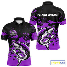 Load image into Gallery viewer, Custom Black And Purple Camo Shark Bowling Team Men Polo Shirts, Bowling Tournament Shirt IPHW8997