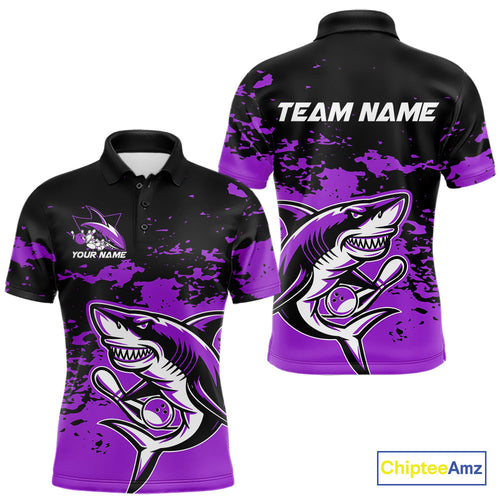 Custom Black And Purple Camo Shark Bowling Team Men Polo Shirts, Bowling Tournament Shirt IPHW8997