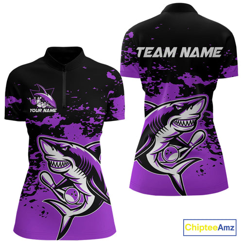 Custom Black And Purple Camo Shark Bowling Women Quarter-Zip Shirt, Tournament Shirt IPHW8997