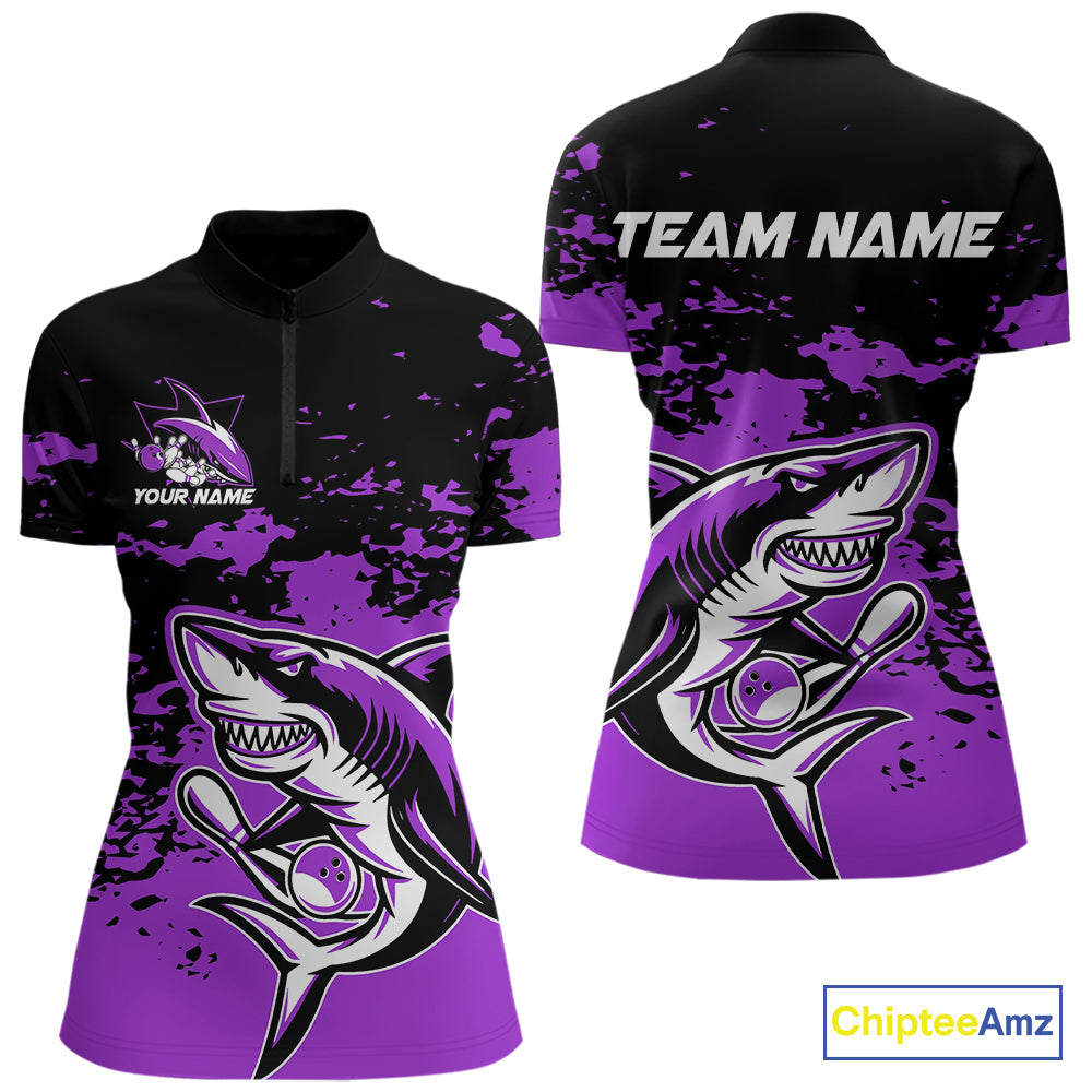 Custom Black And Purple Camo Shark Bowling Women Quarter-Zip Shirt, Tournament Shirt IPHW8997