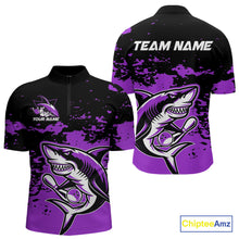 Load image into Gallery viewer, Custom Black And Purple Camo Shark Bowling Team Men Quarter-Zip Shirts, Bowling Tournament Shirt IPHW8997