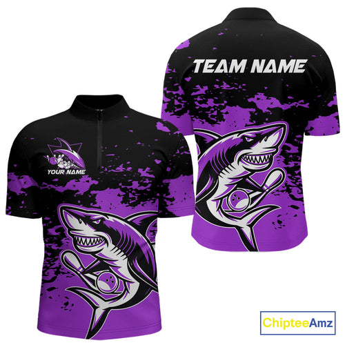Custom Black And Purple Camo Shark Bowling Team Men Quarter-Zip Shirts, Bowling Tournament Shirt IPHW8997