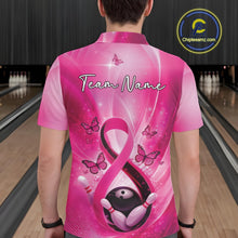 Load image into Gallery viewer, Back view of a mens bowling polo showcasing a pink awareness ribbon, bowling ball, pins, and butterfly graphics.