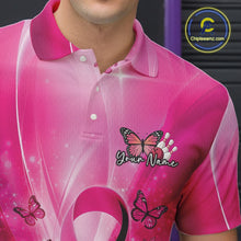 Load image into Gallery viewer, Left chest detail of a bowling polo featuring a pink awareness ribbon around a bowling ball with butterfly accents.