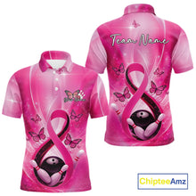 Load image into Gallery viewer, Front and back mens bowling polo mockup featuring a pink awareness ribbon wrapped around a bowling ball with butterflies and bowling pins.