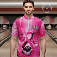 Load image into Gallery viewer, Male model wearing a bowling quarter-zip at the bowling lane displaying pink ribbon, butterfly, and bowling-themed graphics.