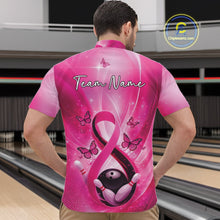 Load image into Gallery viewer, Front view of a mens bowling quarter-zip showcasing a pink awareness ribbon wrapped around a bowling ball with butterfly accents.