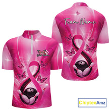 Load image into Gallery viewer, Front and back mens bowling quarter-zip featuring a pink awareness ribbon around a bowling ball with butterflies and bowling pins.