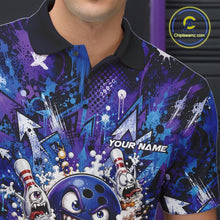 Load image into Gallery viewer, Close-up view of the left chest on a blue and purple bowling polo shirt displaying a blue monster bowling ball leading monster bowling pins holding overflowing beer mugs with bold graffiti-style splatter graphics.