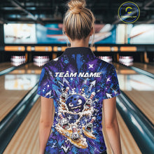 Load image into Gallery viewer, Female model wearing a blue and purple bowling quarter-zip shirt from the back at a bowling lane, displaying a blue monster bowling ball leading monster bowling pins with overflowing beer mugs and bold graffiti-style splatter artwork.