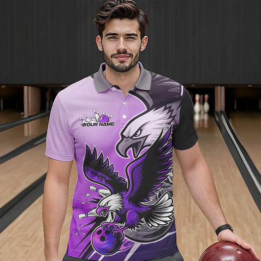 Custom Eagle Bowling Jerseys With Names, Purple Eagle Bowling League Men Polo Shirts IPHW8763