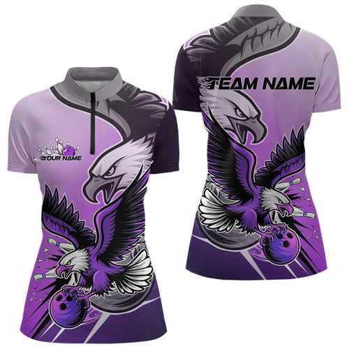 Custom Eagle Bowling Jerseys With Name, Purple Eagle Bowling League Women Quarter-Zip Shirt IPHW8763
