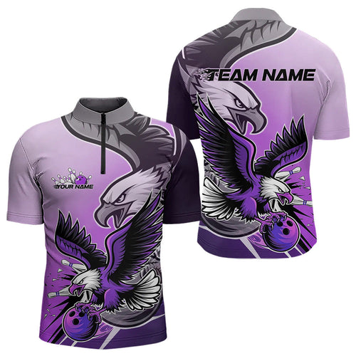 Custom Eagle Bowling Jerseys With Names, Purple Eagle Bowling League Men Quarter-Zip Shirts IPHW8763