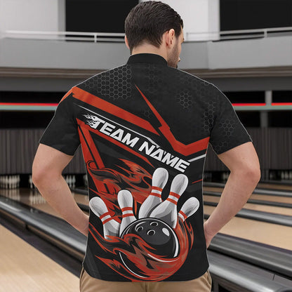 Custom Black And Orange Flame Bowling Team Quarter-Zip Shirts For Men, Fire Bowling League Shirt IPHW8770