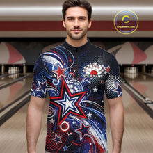Load image into Gallery viewer, Front view of a male model in a bowling alley wearing a custom quarter zip bowling shirt featuring red, white, and blue patriotic stars, halftone dots, and a grunge texture design.